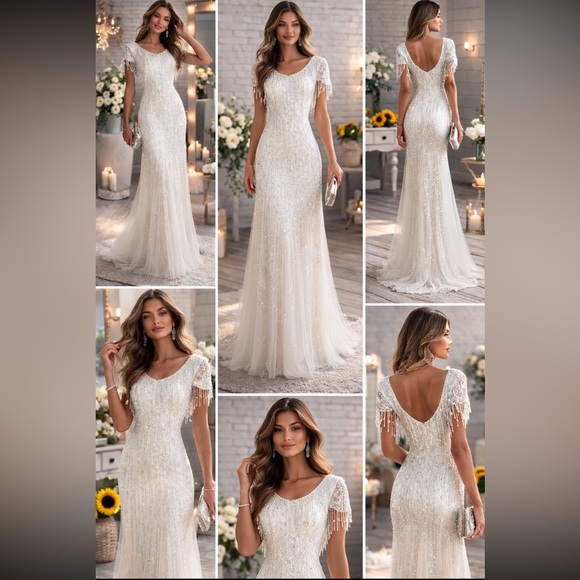 Adrianna eCap sleeve beaded fringe long dress - Picture 2 of 6